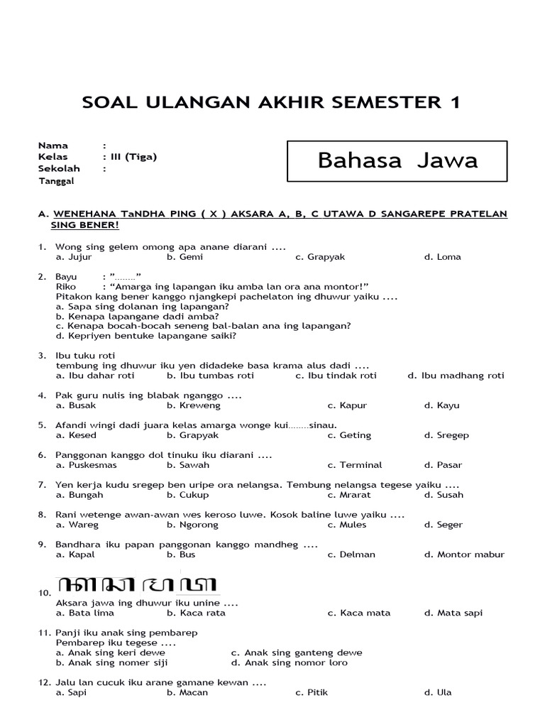 Jangan Sampai Terlewat! Download Soal Bahasa Jawa Kelas 3 Semester 2 Siap Cetak di Sini