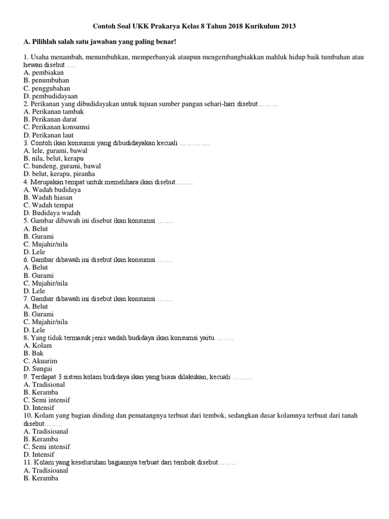 Soal UKK Prakarya Kelas 8 Budidaya Ikan PDF Griya Taman Sains