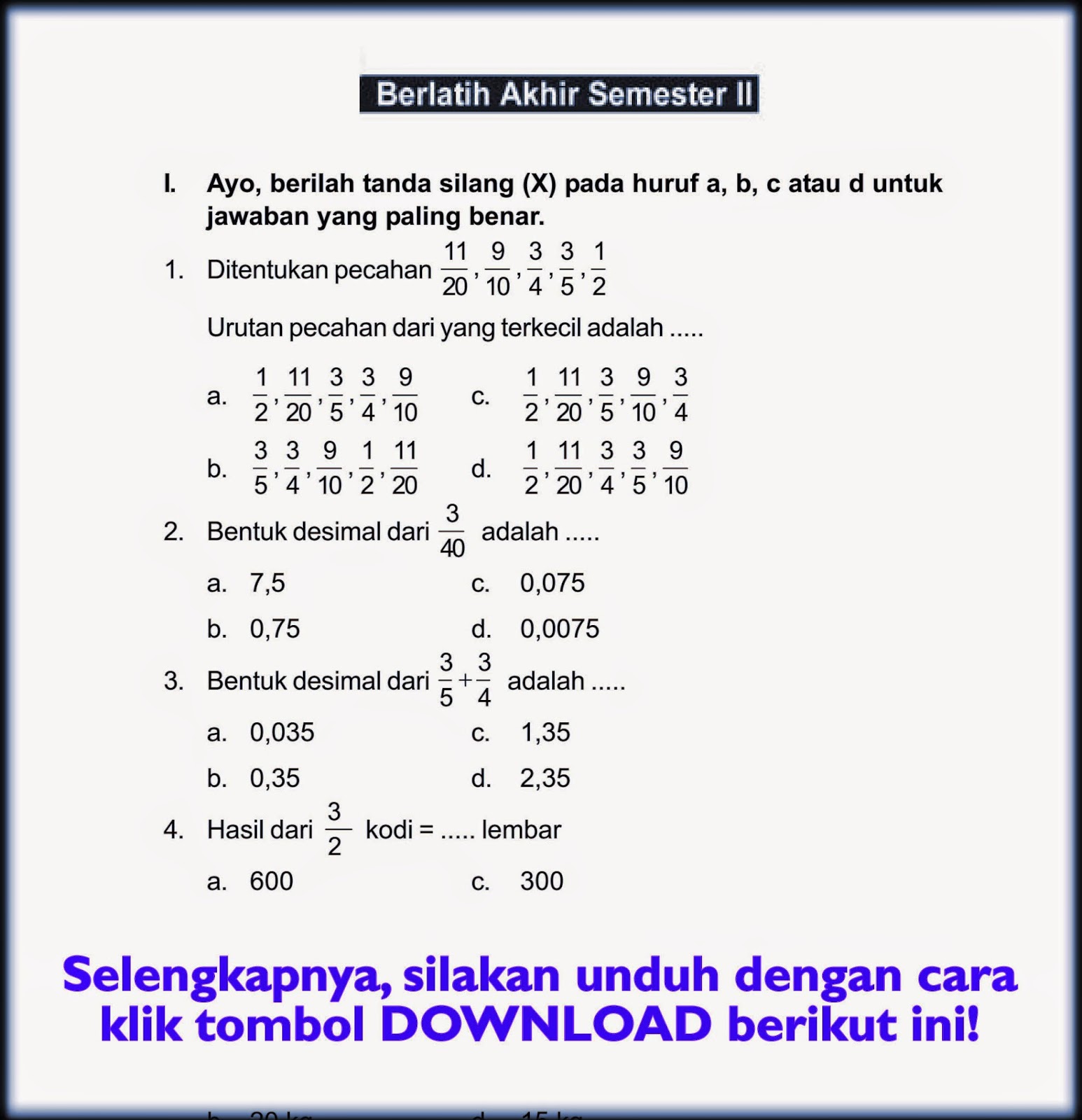 Contoh Soal UAS SD Kelas 1 2 3 4 5 6 Semester 1 Tahun 2017 2018