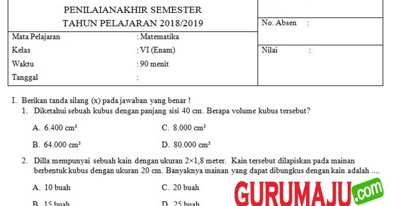 Soal UAS PAS MTK Kelas 6 Semester 2 Kurikulum 2013 Revisi 2018 - Klak Soal UAS PAS MTK Kelas 6 Semester 2 Kurikulum 2013 Revisi 2018 - Klak