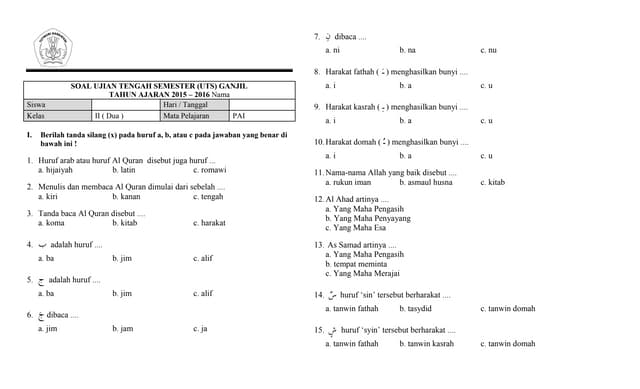 Soal uts pai kelas 1 semester 2 DOCX Soal uts pai kelas 1 semester 2 DOCX