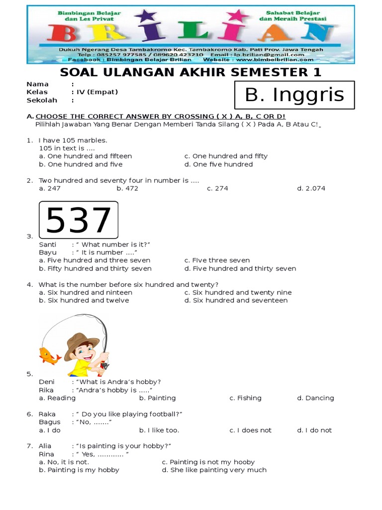 5 Lembar Kerja Siap Cetak Bimbel Brilian untuk Soal UTS Kelas 4 Semester 2 Bahasa Inggris