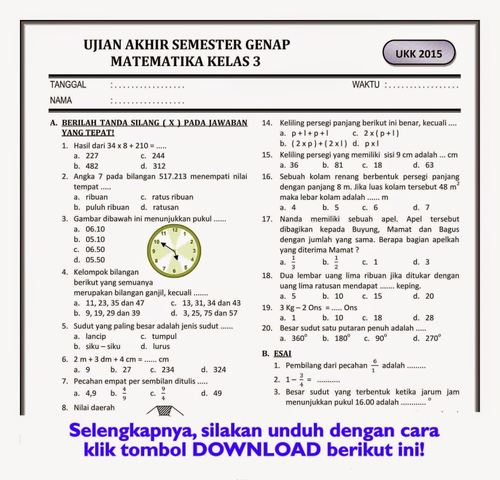 7 Soal PAS Matematika Kelas 3 Semester 2 yang Wajib Dikuasai Sebelum Ujian Tiba