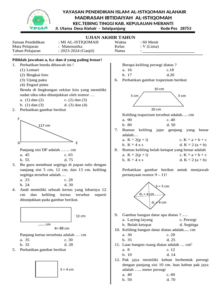 Akhirnya Tersedia! 7 Lembar Soal PAT Matematika Kelas 5 Semester 2 Siap Cetak untuk Belajar di Rumah