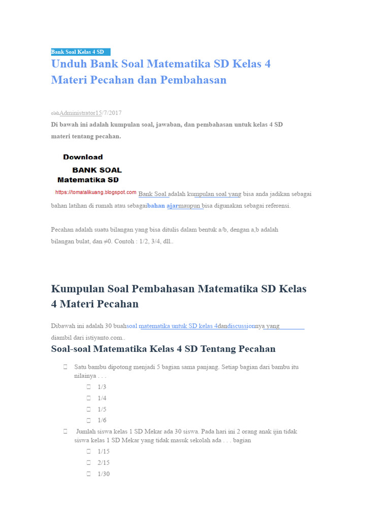 Bank Soal Pecahan Kelas 4 SD PDF Bank Soal Pecahan Kelas 4 SD PDF