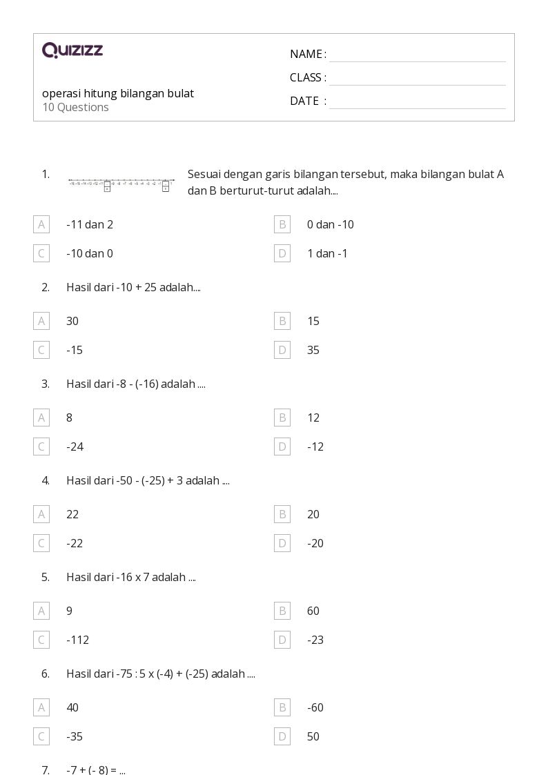 50 lembar kerja Operasi Dengan Bilangan Bulat untuk Kelas 5 di Quizizz 50 lembar kerja Operasi Dengan Bilangan Bulat untuk Kelas 5 di Quizizz