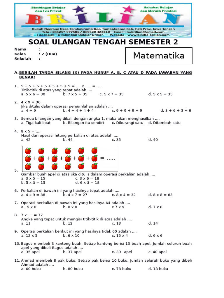 10 Contoh Soal UAS Matematika Semester 2 Kelas 2 SD yang Sering Muncul, Wajib Dilatih Sebelum Ujian