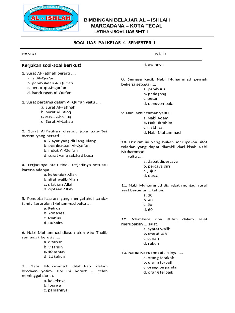 Soal Uas Pai Kelas 4 Semester 1 PDF Soal Uas Pai Kelas 4 Semester 1 PDF