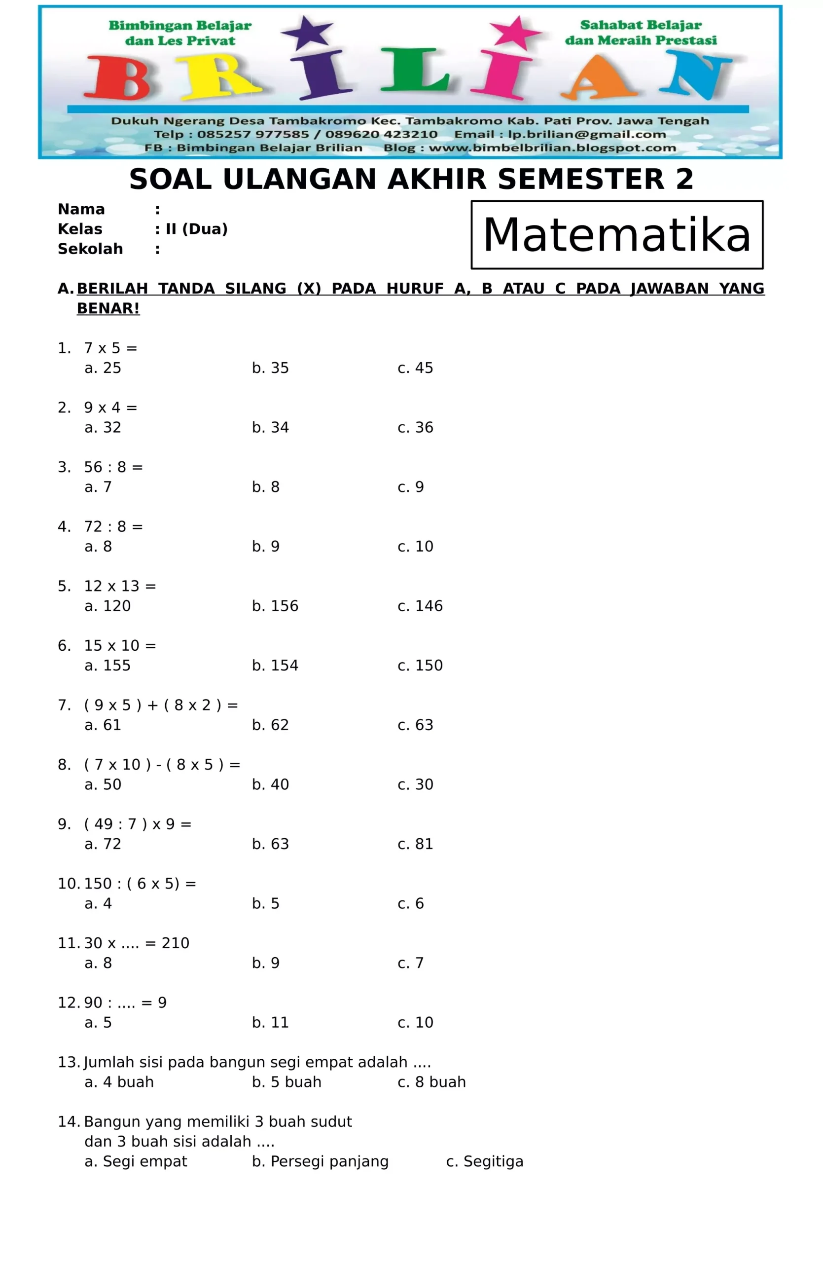 10 contoh soal uas matematika sd kelas 2 semester ganjil yang wajib dikuasai sebelum ujian