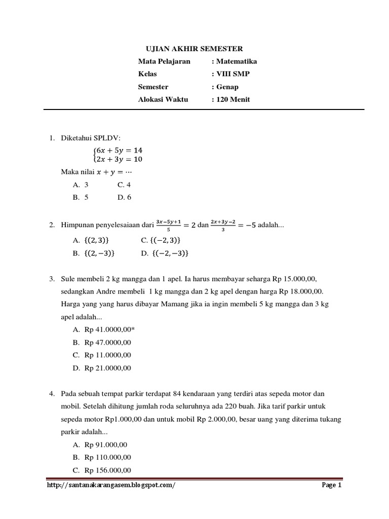 5 Contoh Soal UAS Matematika Kelas 8 Semester 2 Kurikulum 2013 yang Sering Muncul Wajib Kamu Pelajari Sebelum Terlambat