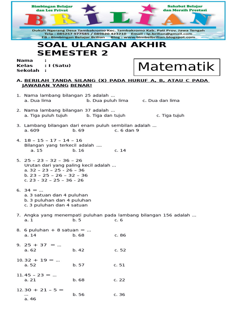 7 Contoh Soal UAS Matematika Kelas 1 Semester 2 yang Wajib Dikuasai Sebelum Ujian Besok