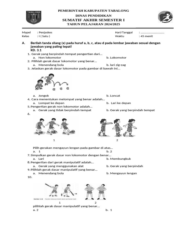 Soal Penjaskes Kelas 1 dan Kunci Jawaban PDF