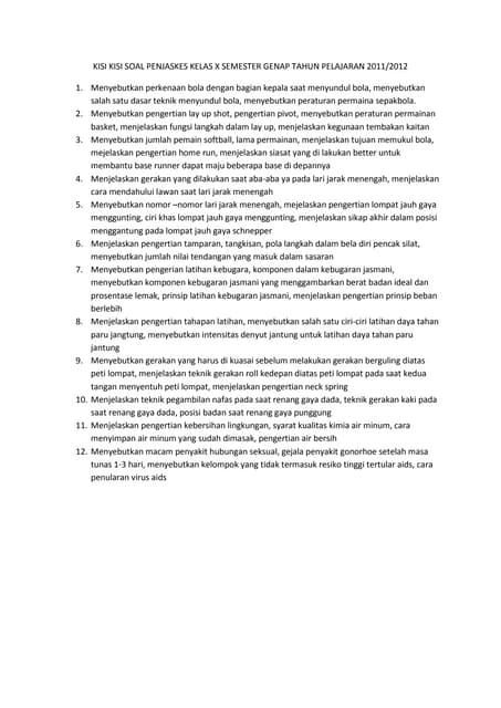 Kisi kisi soal penjaskes kelas x semester genap tahun pelajaran 2011 DOCX