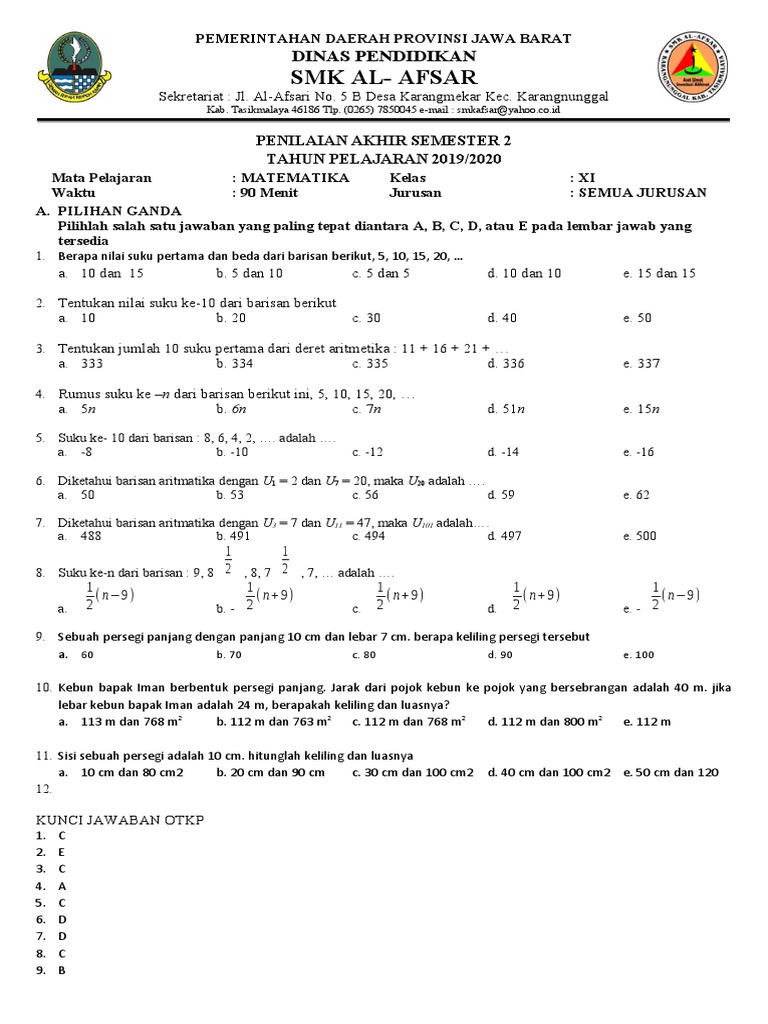 Soal UAS Matematika Kelas 11 Semester 2 PDF Soal UAS Matematika Kelas 11 Semester 2 PDF