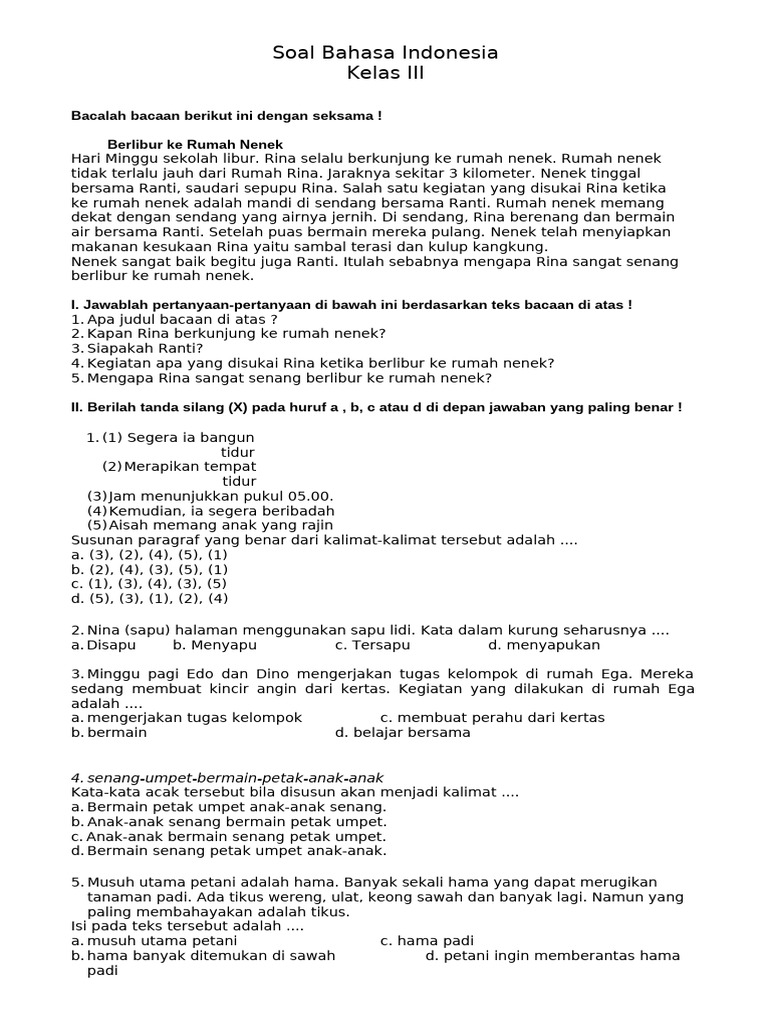 Soal UTS Bahasa Indonesia Kelas 3 Semester 1 Tahun Ajaran 2018-2019 PDF Soal UTS Bahasa Indonesia Kelas 3 Semester 1 Tahun Ajaran 2018-2019 PDF