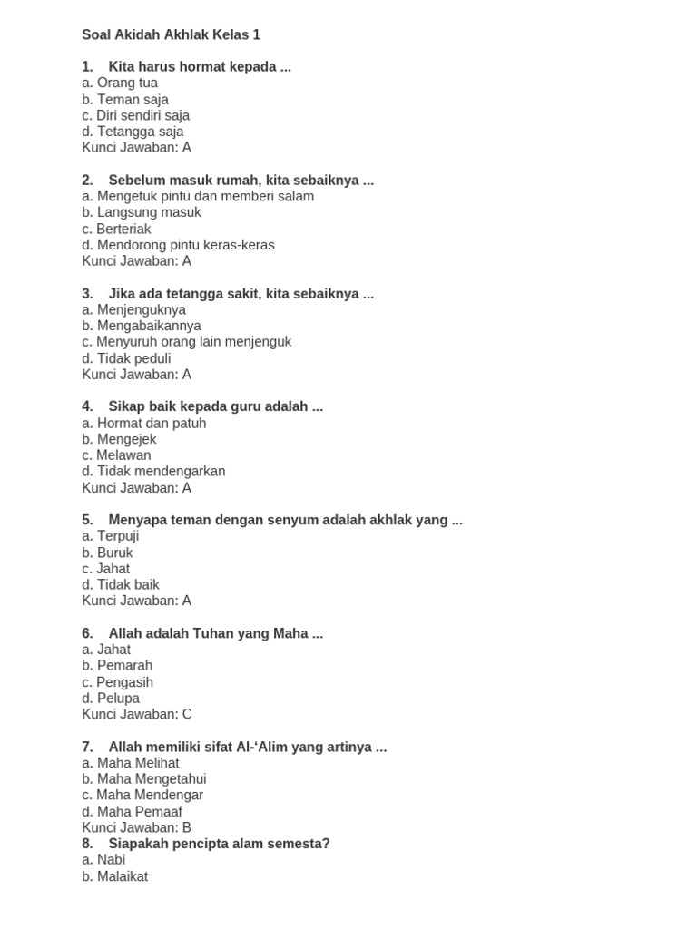 Soal Akidah Akhlak Kelas 1 dan Kunci PDF Soal Akidah Akhlak Kelas 1 dan Kunci PDF