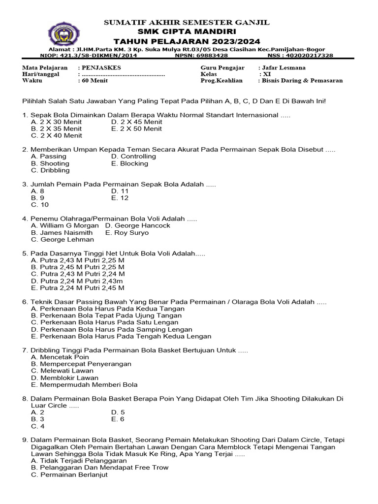 Soal Penjas Kelas XI SMK 2023 2024 PDF Soal Penjas Kelas XI SMK 2023 2024 PDF