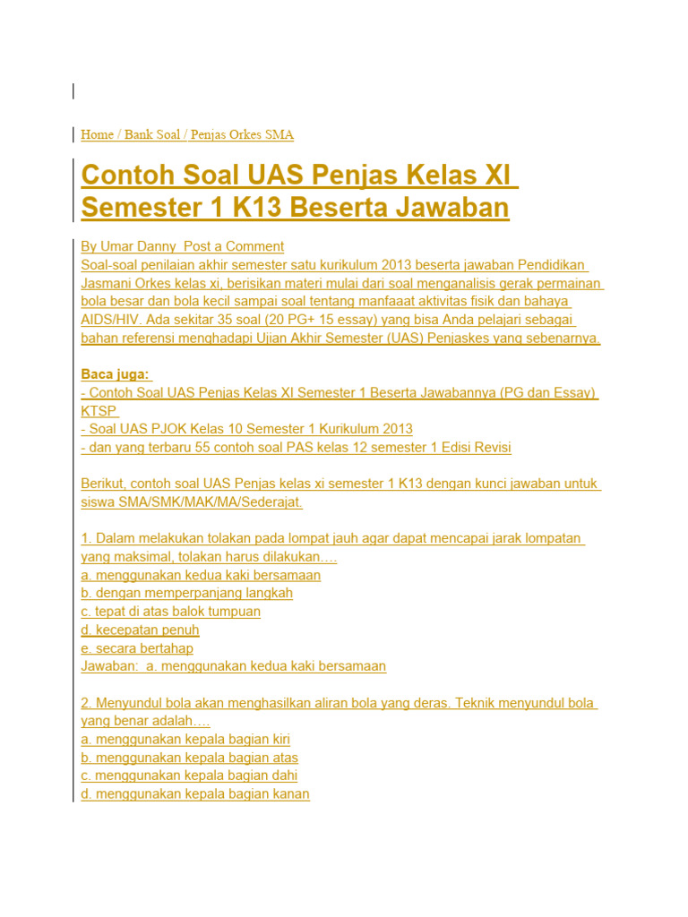 Soal UAS Penjas Kelas XI K13 Beserta Jawaban PDF Soal UAS Penjas Kelas XI K13 Beserta Jawaban PDF
