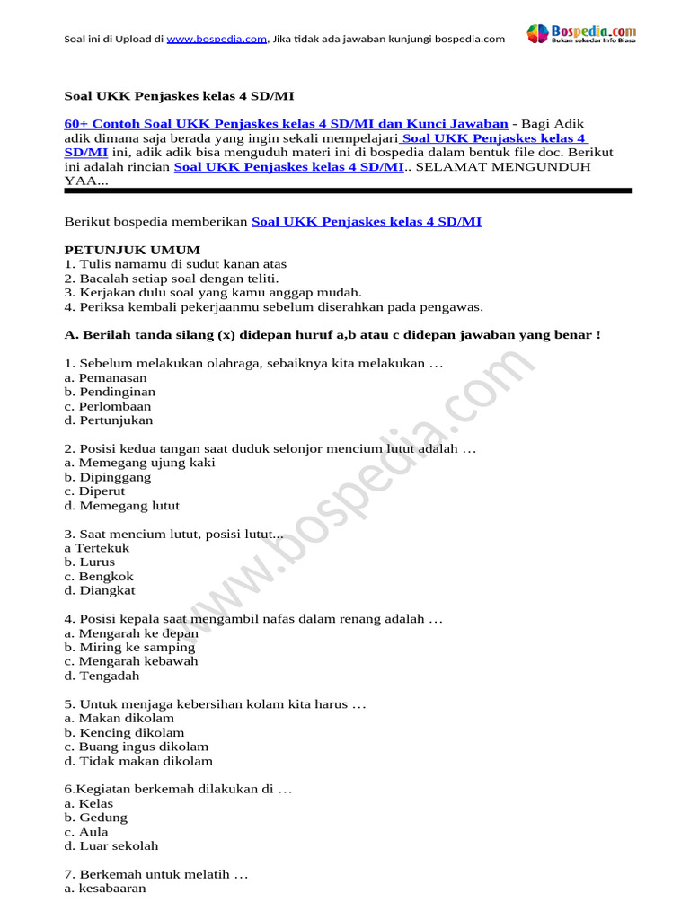 60 Contoh Soal UKK Penjaskes Kelas 4 SD MI Dan Kunci Jawaban PDF