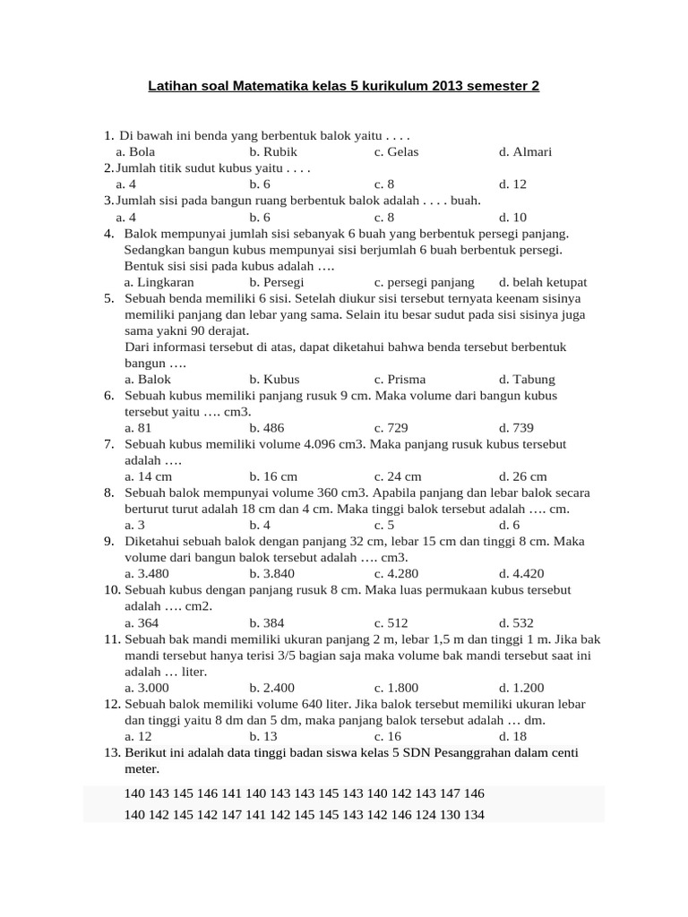 contoh soal uas matematika kelas 5 semester 2 kurikulum 2013